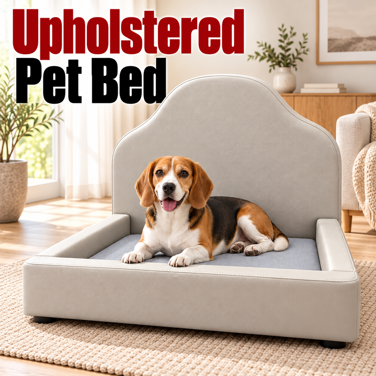 Upholstered Pet Bed — complete product with a bold red and black title