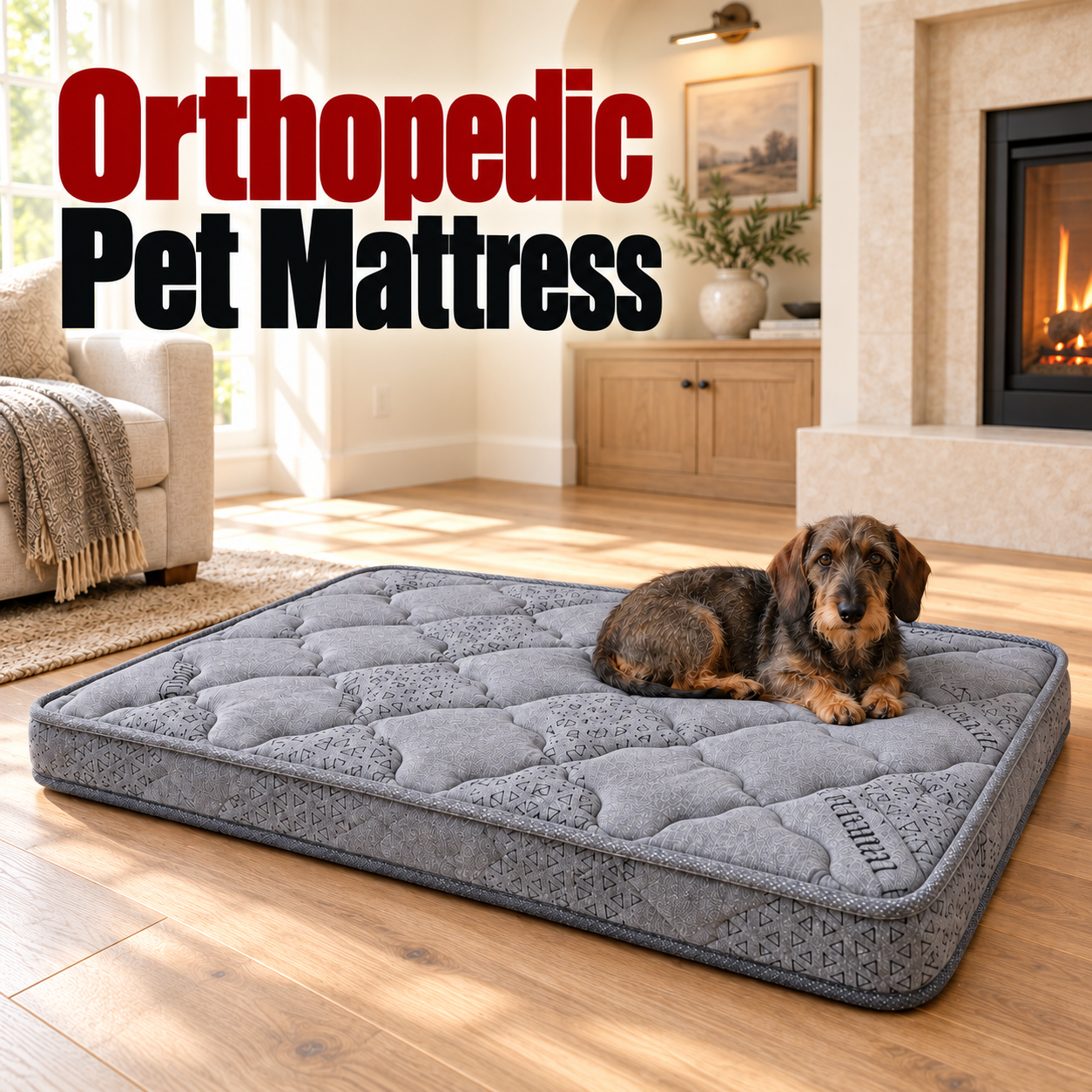 Orthopedic Pet Mattress — large gray quilted mattress shown in full with a small dog, under a bold red and black title